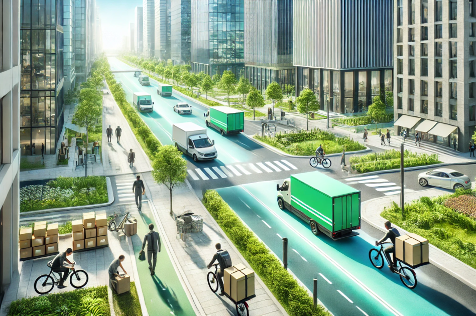 A vibrant and positive urban scene focused on modern logistics. The image shows a clean, green city with wide streets.